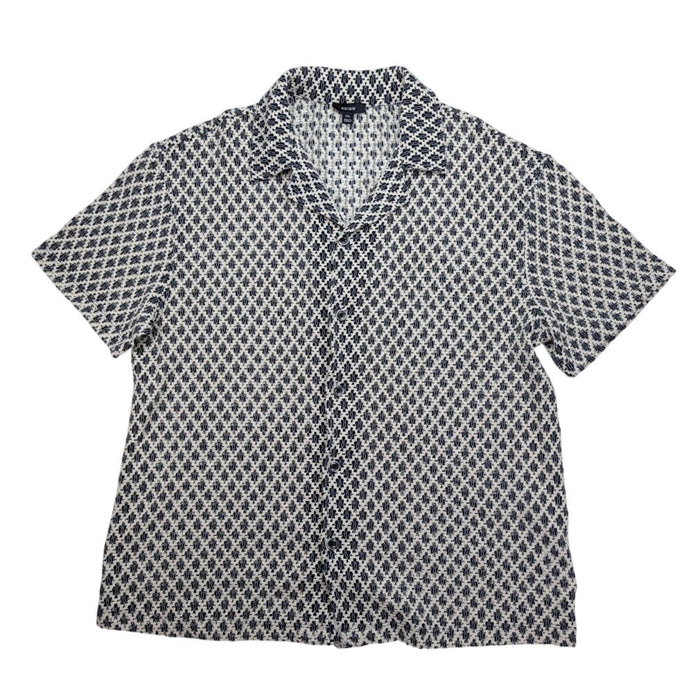 Reiss Sterling Crochet Shirt Mens XXL Navy White Cuban Collar Cotton Blend